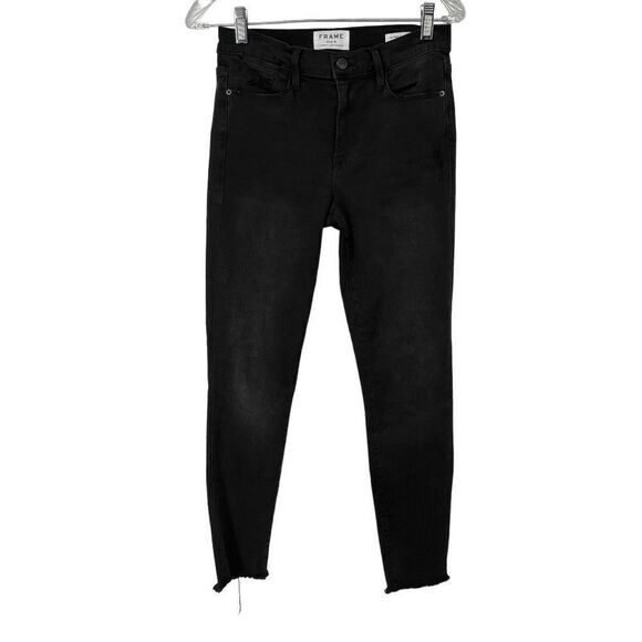 Frame Le High Skinny‎ Crop Black Raw Hem Jeans - Picture 1 of 11